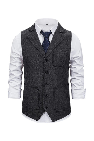 Chaleco de solapa con muescas gris oscuro para hombre con conjunto de accesorios de 5 piezas